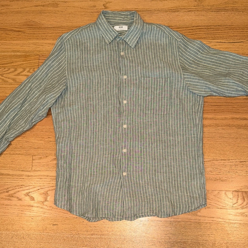 Uniqlo Men's Green Striped B Linen Shirt